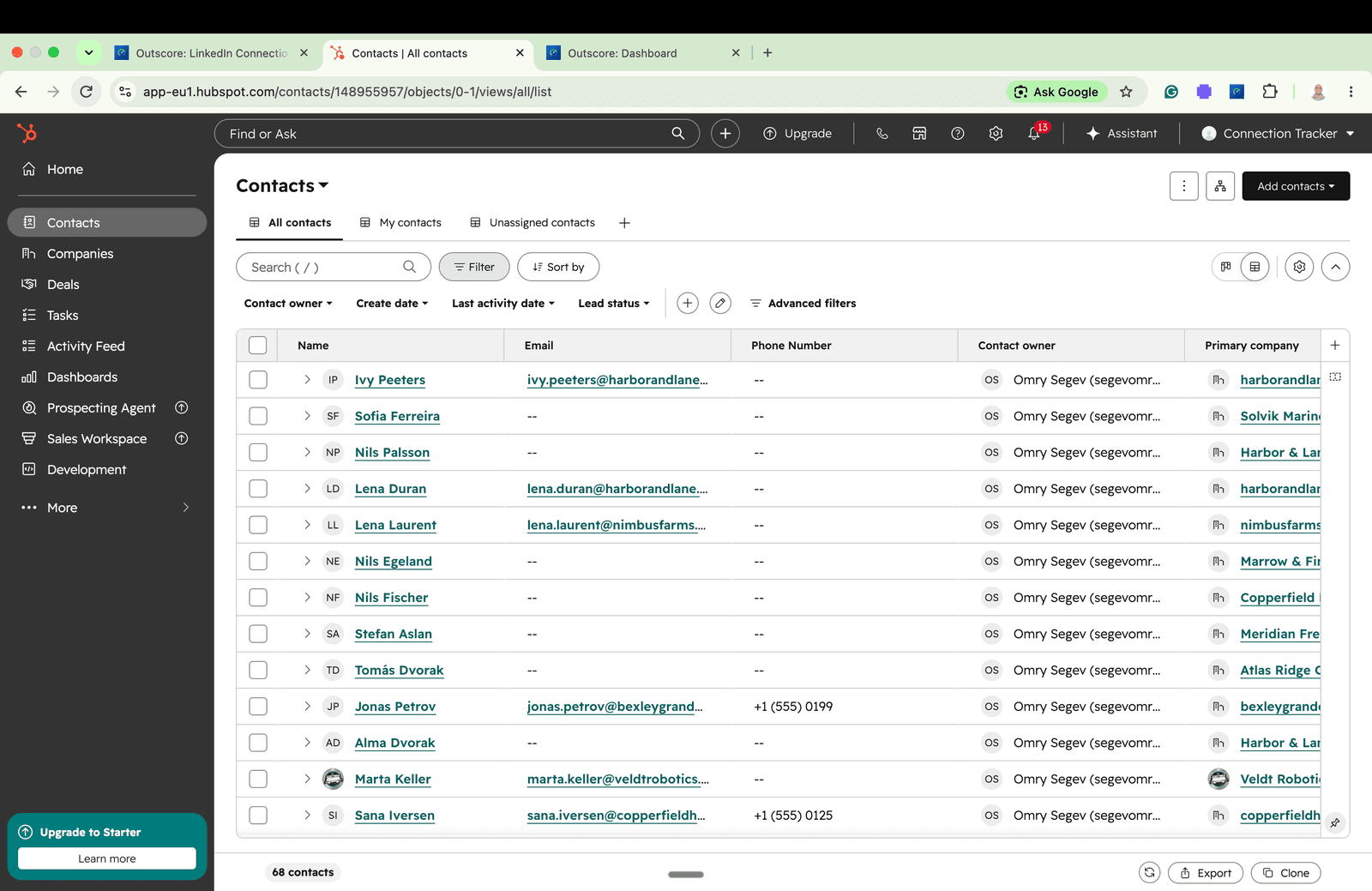 HubSpot contacts list with the LinkedIn connections added from Outscore, each owned by the person who added them
