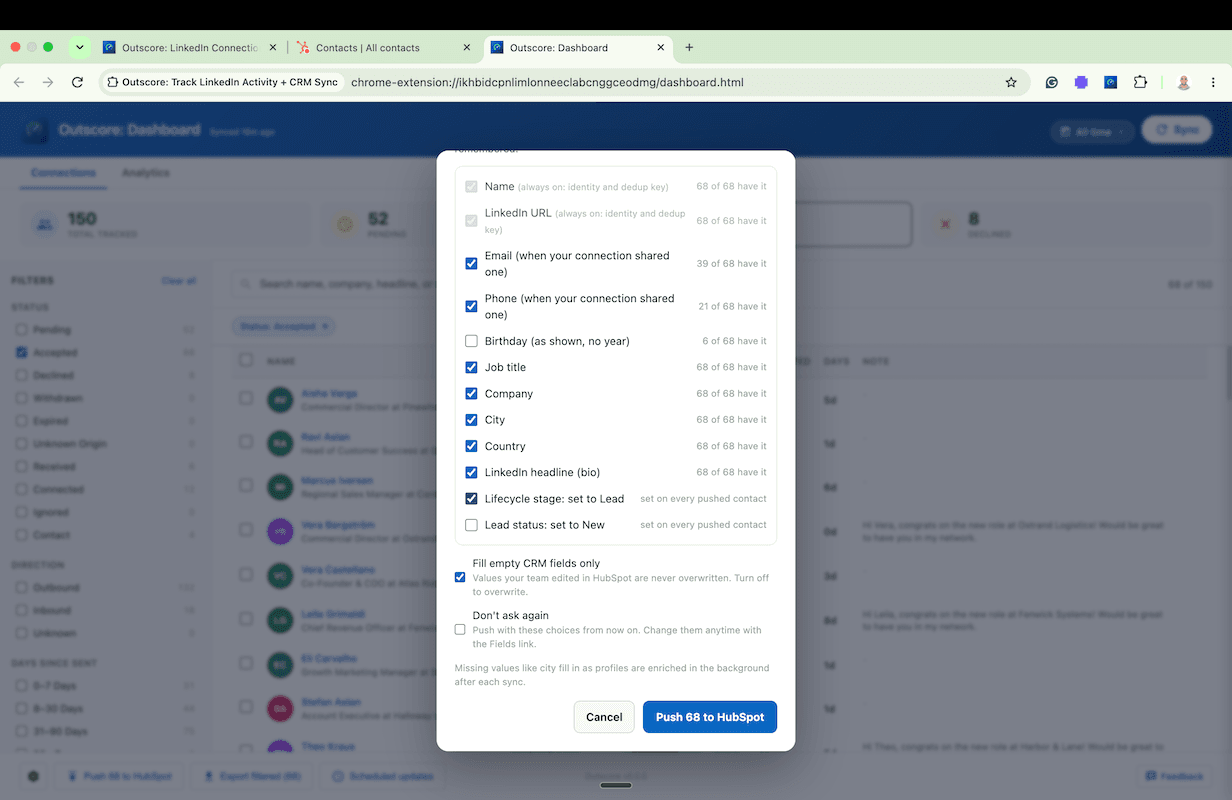 Outscore field picker choosing exactly which fields push to HubSpot
