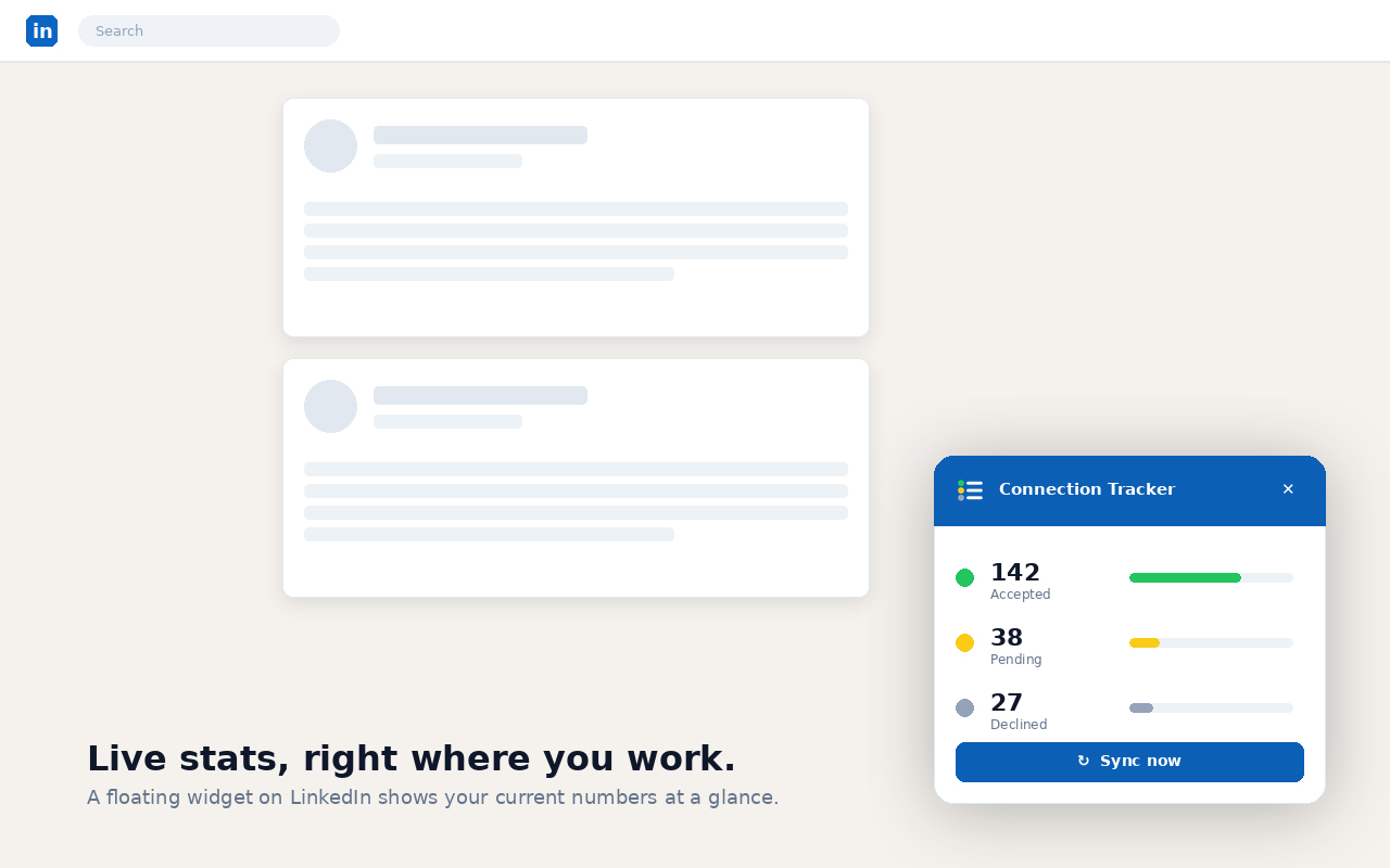 Floating Outscore widget on LinkedIn showing live pending, accepted, and declined invitation counts